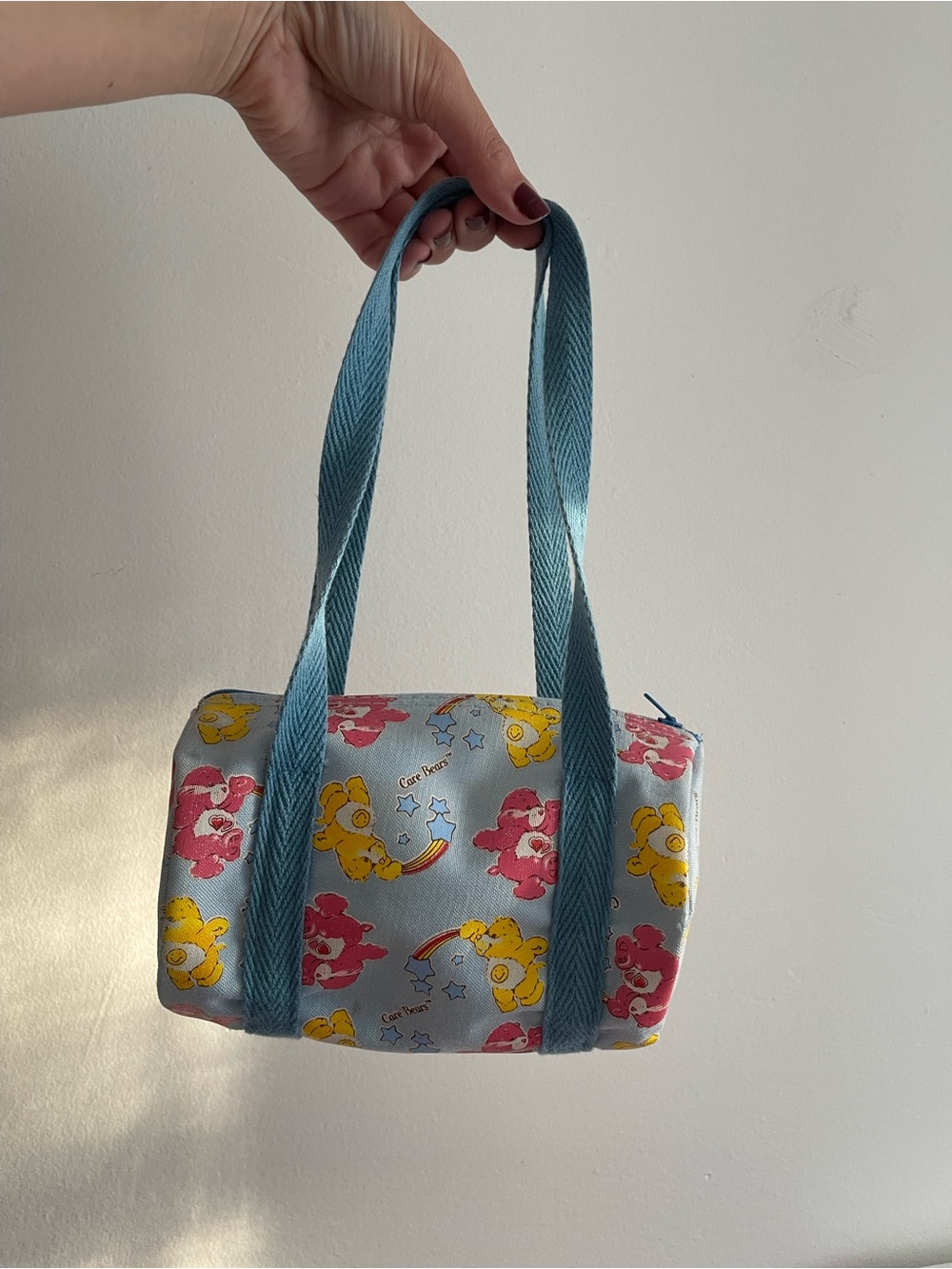 Vintage Care Bears Light Blue Barrel Mini Bag with Pink & Yellow Characters